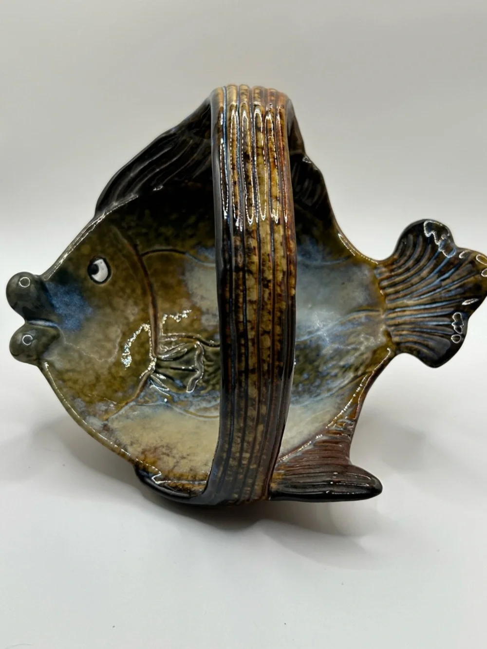 Vintage Handcrafted Ceramic Fish Bowl - Olive Green and Brown